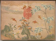 Desk Album: Flower and Bird Paintings (Bats, rocks, flowers oval calligraphy) , 18th Century. Creator: Zhang Ruoai (Chinese).