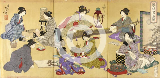 Picture of Koto, Game, and Painting, published in 1889. Creator: Mizuno Toshikata.