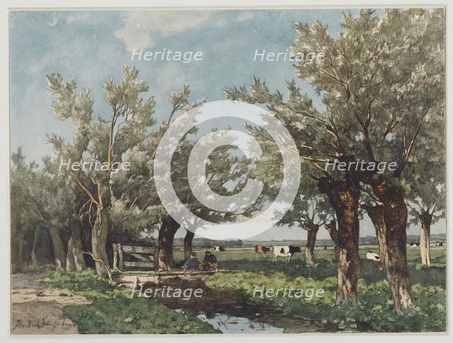 Landscape with two boys fishing in a canal, 1834-1892.  Creator: Jan Hendrik Weissenbruch.