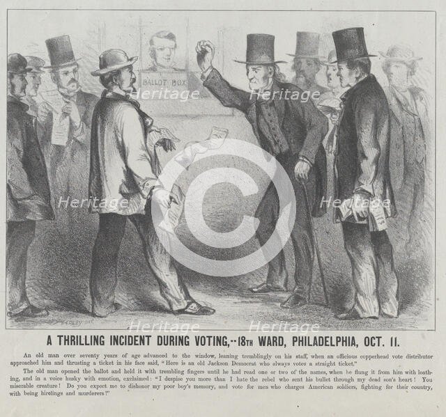 A Thrilling Incident During the Voting, 18th Ward, Philadelphia, October 11, 1864. Creator: Harley.
