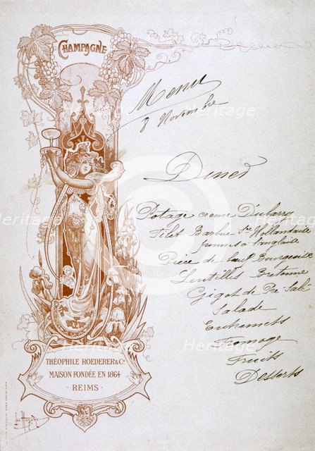 Champagne advertisement on a menu, 19th century. Artist: Unknown