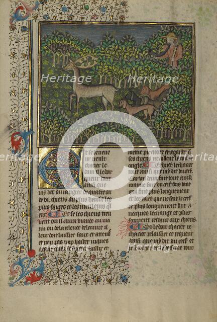A Hunter and Dogs Pursuing a Fallow Deer; Livre de la Chasse; A Deer Hunt, about 1430-1440. Creator: Unknown.