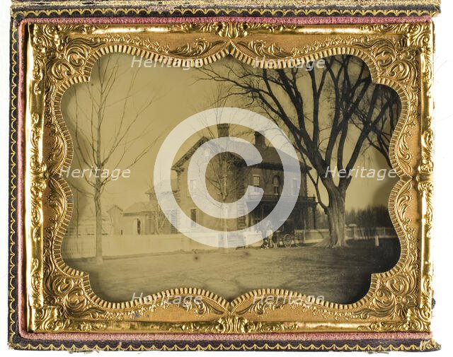 Two and a Half Story Brick Country House with Outbuildings with Ornate Porch..., 19th century. Creator: Unknown.