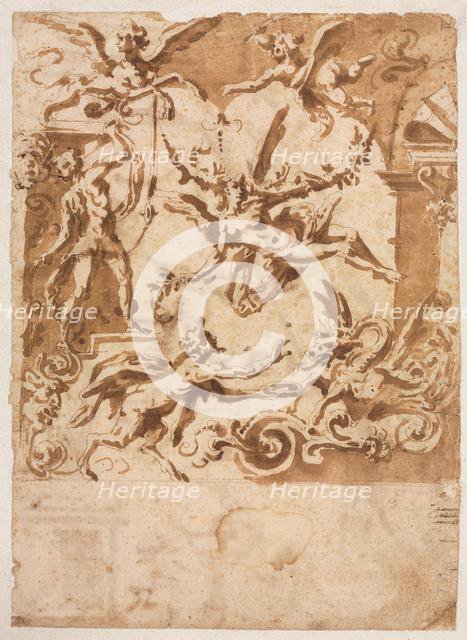 Grotesque with a Satyr Feeding a Dragon (recto), c. 1565/1588. Creator: Marco Marchetti (Italian, 1565-1588).