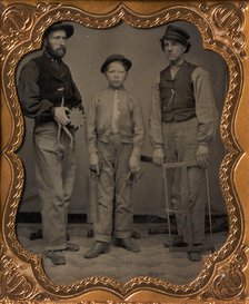 Two Men and a Boy with Outside Calipers, Backsaw, Square, and Frame Saw, 1860s. Creator: Unknown.