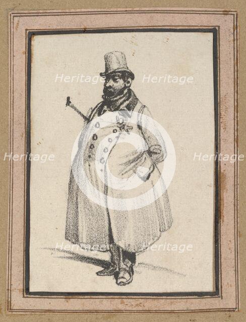 Man wearing a coat and a hat with a cane under his arm, mid-19th century. Creator: Victor Adam.