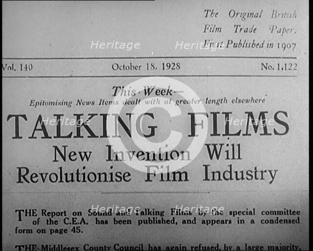 A Shot of a Kinematograph Weekly. Headline Reads: 'Talking Films. New Invention Will..., 1929. Creator: British Pathe Ltd.