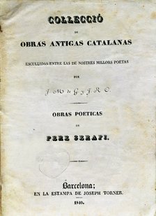 Cover of the book 'Poetic Works (Book first of loves)' by Pere Serafí, printed in Barcelona in 18…