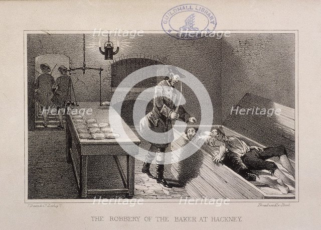 Scene of the robbery of a baker at Hackney, London, c1730. Artist: Dean & Co