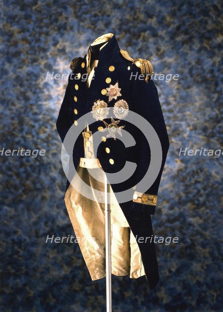 The uniform Admiral Lord Nelson wore when he was killed at the Battle of Trafalgar, 1805. Artist: Unknown