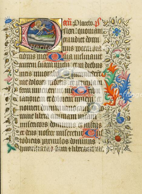 Initial D: An Angel and Devil Disputing the Soul of a Dead Man; Book of Hours, about 1430-1440. Creator: Fastolf Master.