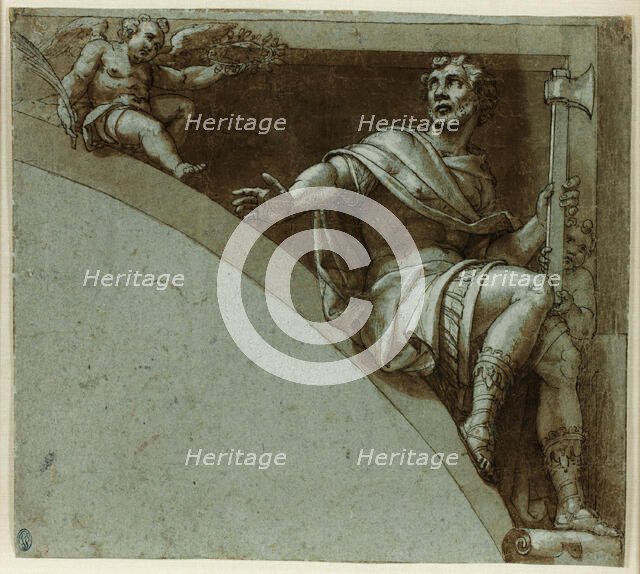 Design for a Spandrel: A Roman Martyr and Two Putti-Saint Jude the Apostle, 1573/75. Creator: Livio Agresti da Forlì.