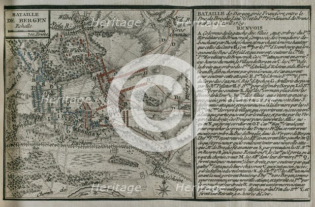 Seven Years War (1756-1763): Map of the Battle of Bergen (April 13, 1759), 1765. Creator: Jean de Beaurain.