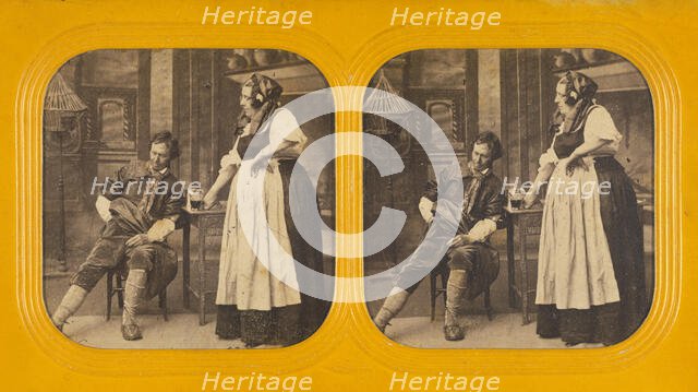 Genre scene: man being served a beer by a woman, the man is reaching in his pocket for money, 1860s. Creator: Charles Gaudin.