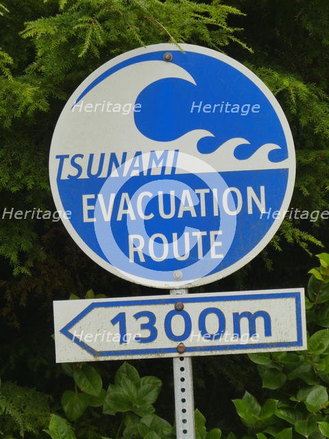 Tsunami warning road sign, British Columbia, Canada 2018. Creator: Unknown.