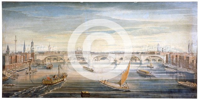 View of the new London Bridge from the west, with boats and barges on the Thames, 1831.              Artist: G Yates