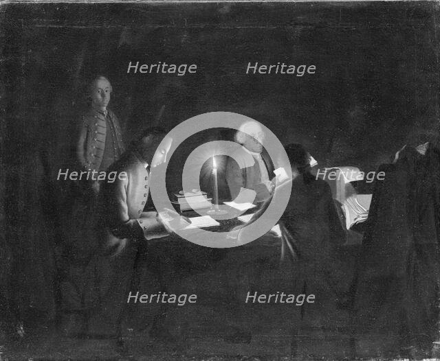 Interior med en regnskabsforer og nogle skrivere ved stearinlys, 1750-1755. Creator: Johan Horner.