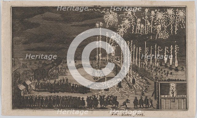Firework display, Nuremberg 1649, reduced copy of 'Kurze Beschreibung dess kunstlich..., after 1649. Creator: Anon.