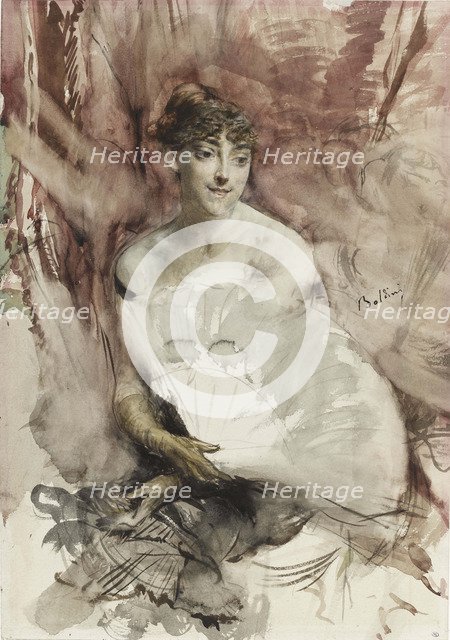 Woman with fan seated in a theatre box (Countess of Rasti), ca 1878. Artist: Boldini, Giovanni (1842-1931)
