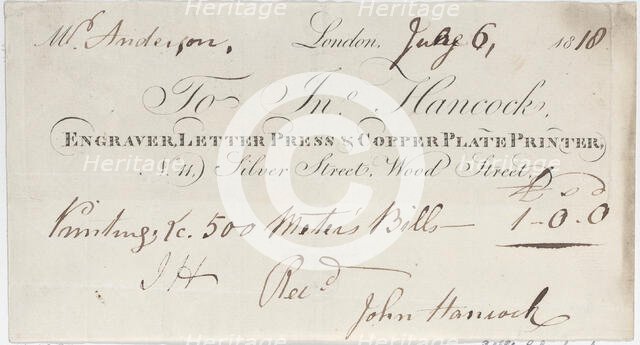 Trade Card for John Hancock, Engraver, Letter Press & Copper Plate Printer, 1818., 1818. Creator: Anon.