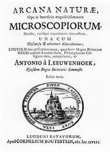 Title page of Microscopium by Dutch microscopist Anton van Leeuwenhoek, 1708 Artist: Unknown