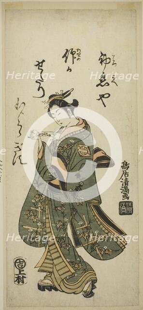 The Actor Nakamura Matsue as Oshichi in the play "Fujibumi Sakae Soga," performed at the..., 1763. Creator: Torii Kiyomitsu.