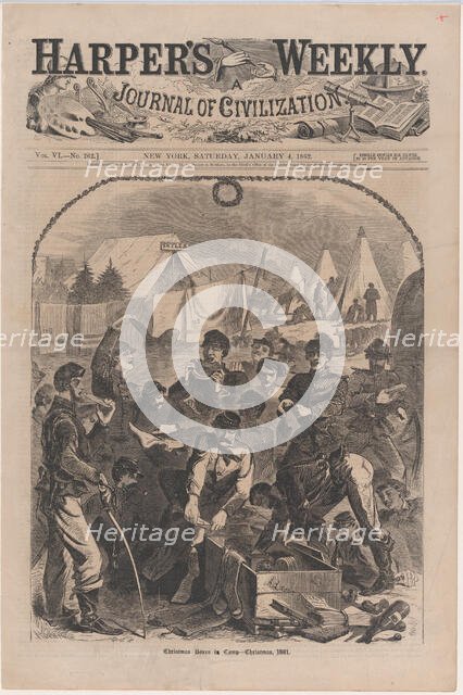 Christmas Boxes in Camp - Christmas, 1861 (Harper's Weekly, Vol. VI), January 4, 1862. Creator: Unknown.