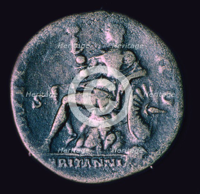 Image of Britannia on the reverse of a Roman coin. Artist: Unknown