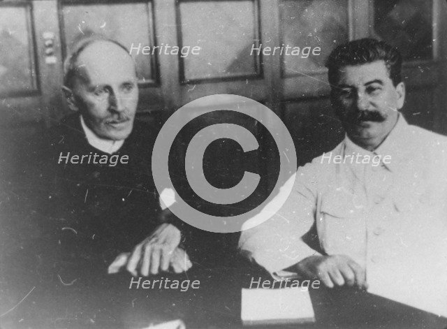 Soviet leader Josef Stalin with French writer Romain Rolland, Moscow, USSR, 28 June 1935. Artist: Unknown