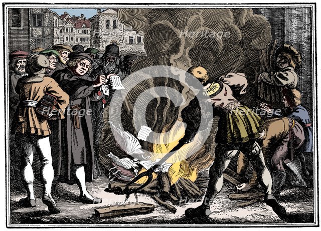 Martin Luther burning the Papal Bull, 1520. Artist: Unknown.