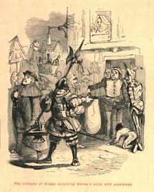 'The citizens of Bruges supplying Wolsey's suite with provisions', 1897. Creator: John Leech.