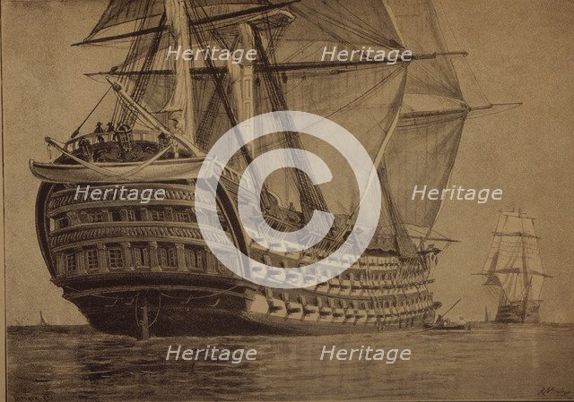 The ship Santa Ana, the Spanish boat fleet at the Battle of Trafalgar (21 - 10-1805), under comma…