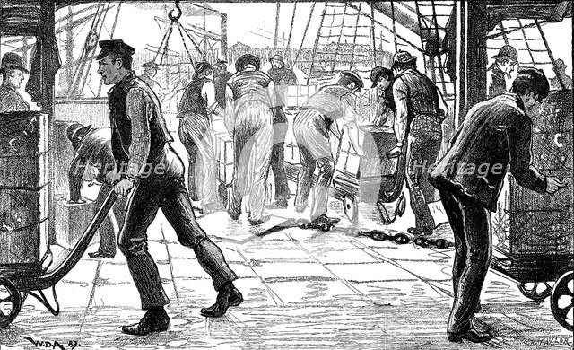 Dockers unloading tea in London Docks, 1889. Artist: Unknown