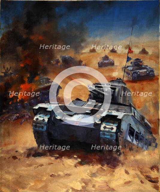 British tanks advance across a desert landscape, between 1939 and 1946. Creators: Central Office of Information, William Krogman.