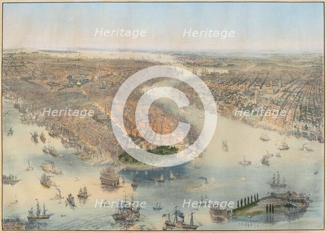 Bird's-eye view of New York City from the West, with Manhattan, and Brooklyn to the East, 1851. Creator: Bachmann, John (1814-1896).
