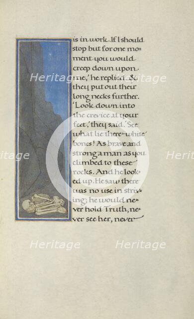 A Human Skeleton at the Foot of a Rock Face; Story of a Hunter, 1908. Creator: Florence Kingsford Cockerell.