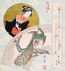 Surimono-Lady with Fan and Peacock, 1825-1849. Creator: Gakutei.