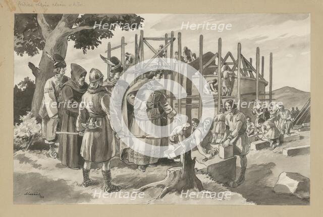 Pribina builds a Christian church in Nitra, 1937. Creator: Andrej Kovacik.