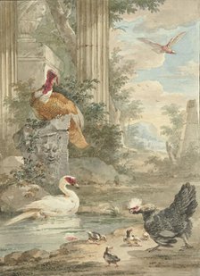 Turkey and Other Birds near Classical Ruins in a Park, c.1756-c.1761. Creator: Aert Schouman.