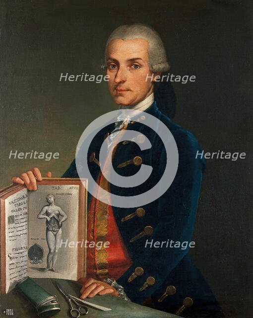 A man holding an anatomy book with an engraving of a woman showing her viscera, 18th century. Creator: Unknown.