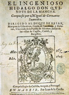 Title page of the first edition of the book 'Don Quixote de la Mancha', Madrid, Juan de la Cuesta…