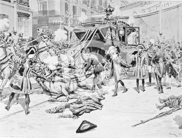 Attack against Alfonso XIII, King of Spain (1886-1941). the day of his wedding, engraving of L'Il…