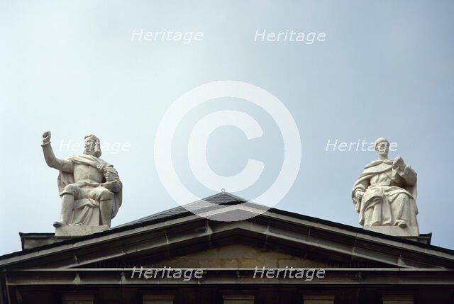 Statues of Francisco de Quevedo and Pedro Calderon de la Barca, Asturias, Spain, 2003. Creator: LTL.
