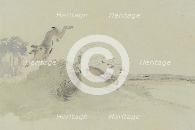 Three hares startled by the railway, mid-19th century. Creator: Friedrich Wilhelm Keyl.