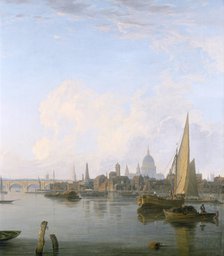 'Waterloo Bridge and the Lambeth Waterfront from Westminster Stairs', 1821. Artist: Charles Deane
