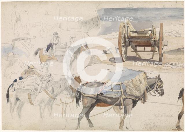 Studies of shell cart and horses on the beach, 1852. Creator: Willem Antonie van Deventer.