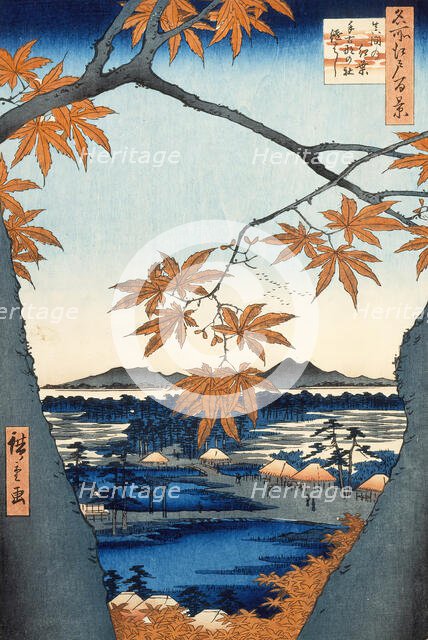 Maple Trees at Mama, Tekona Shrine and Linked Bridge, 1857. Creator: Ando Hiroshige.