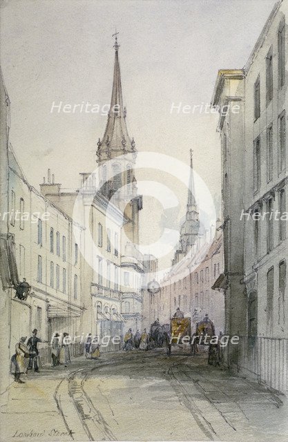 View along Lombard Street, looking east, with figures and carriages, City of London, 1851. Artist: Thomas Colman Dibdin