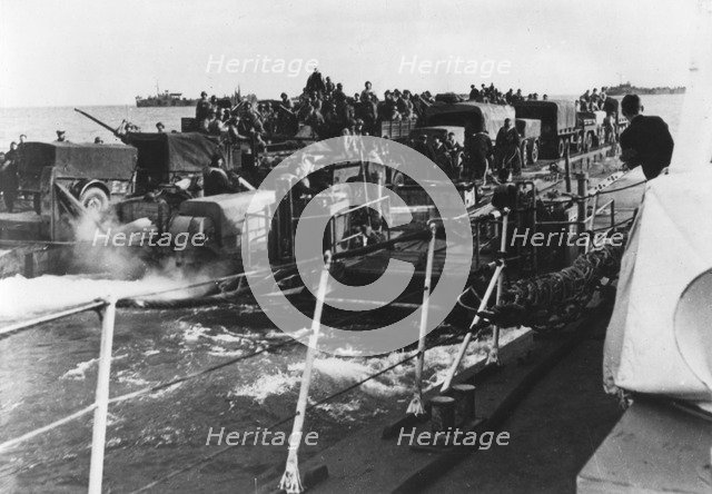 Troop and equipment debarkation, Normandy, France, 6 June 1944? Artist: Unknown