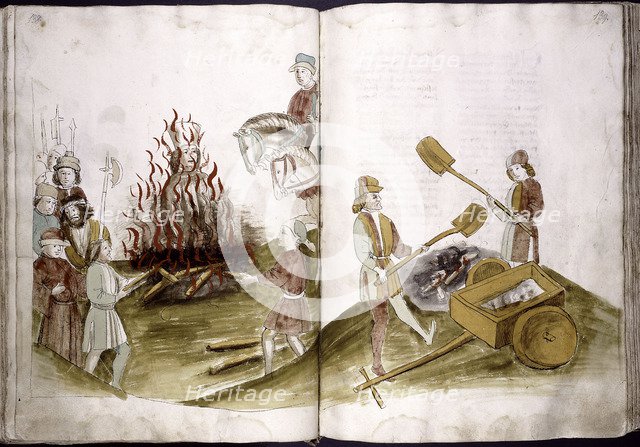 John Hus is burnt at the stake July 6, 1415 and his ashes are cast into the Rhine (from: Ulrich Richental Chronicle of the Coun, 1414-1418. Artist: Anonymous  